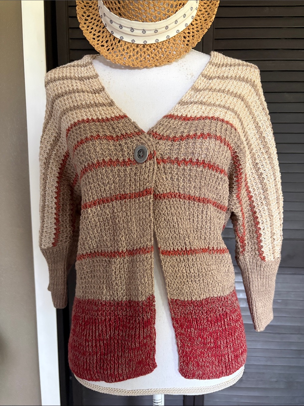 Sonoma Beige and Red Striped V-Neck Button Cardigan